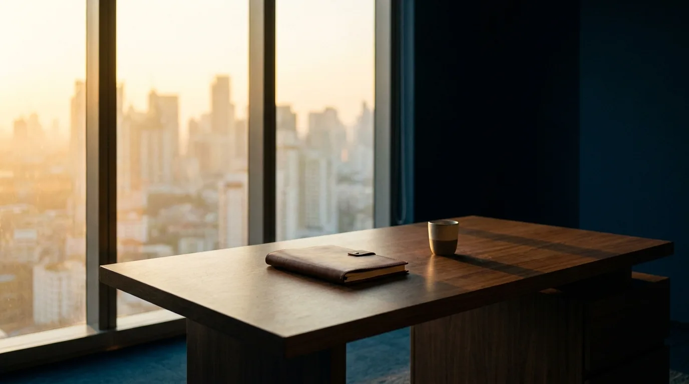 Arbeitsplatz am Fenster mit Blick über die Stadt