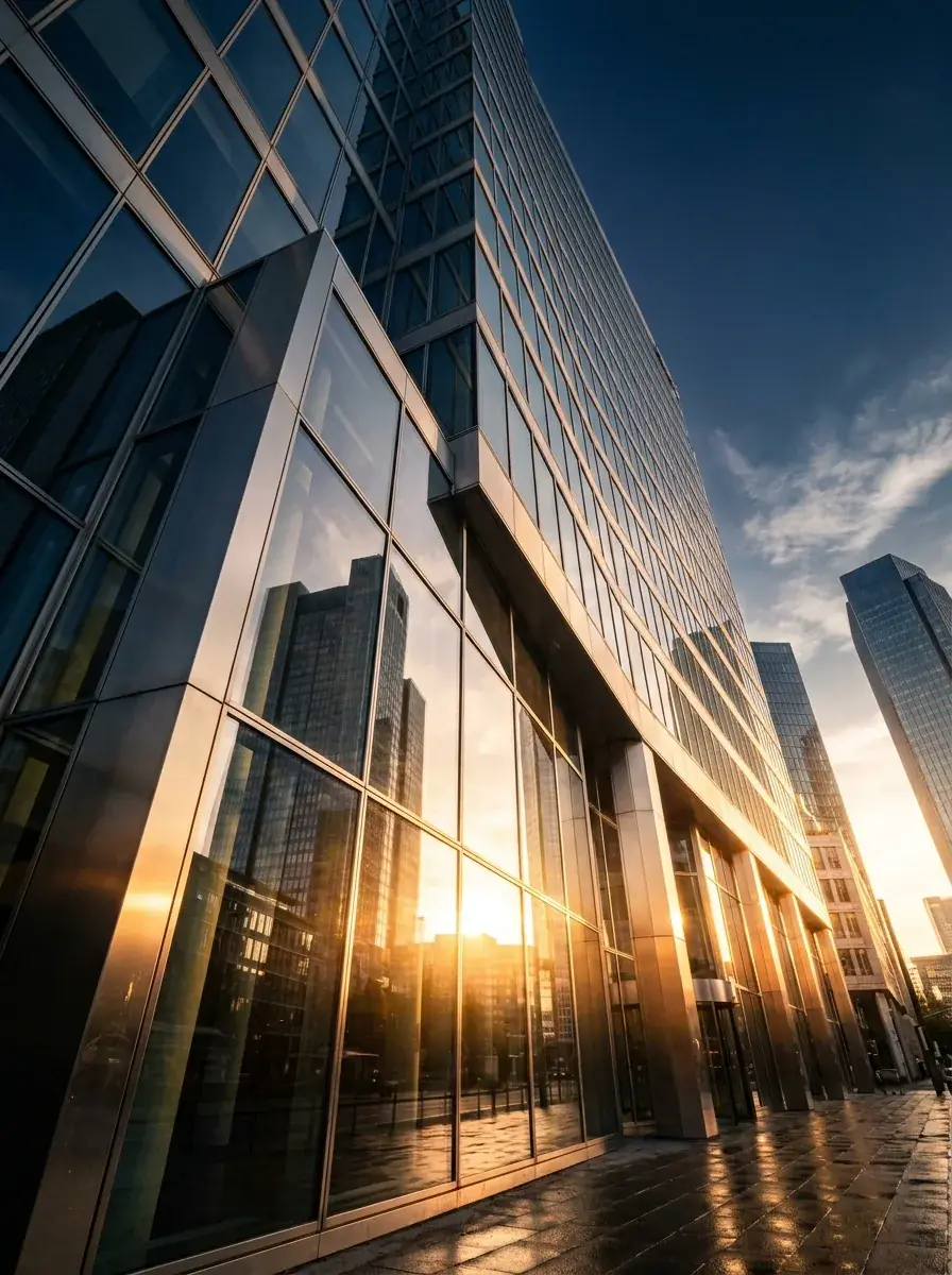 Frankfurter Büroturm aus der Untersicht im Abendlicht