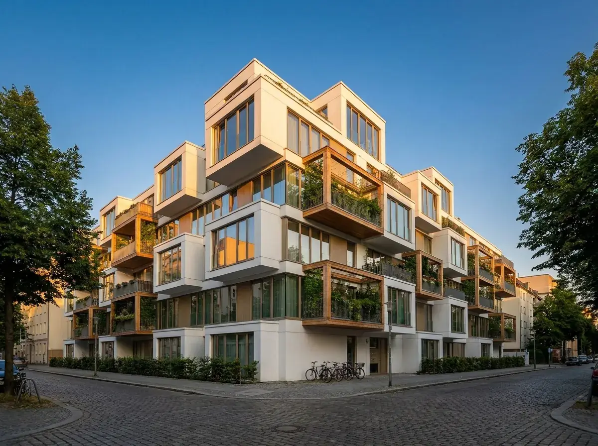 Modernes Mehrfamilienhaus im Abendlicht
