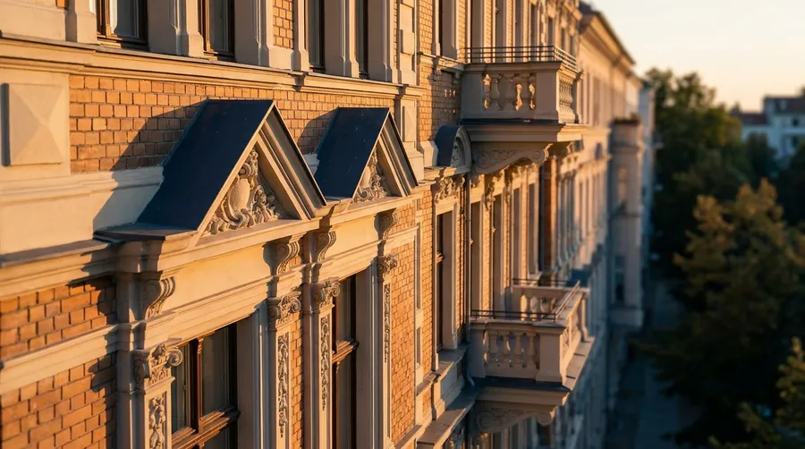 Restaurierte Gründerzeitfassade mit Stuck im goldenen Abendlicht