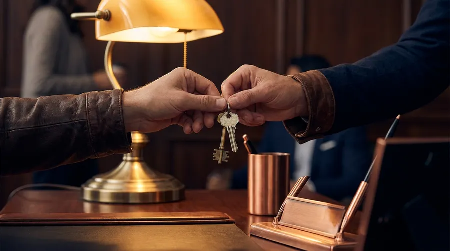 Wohnungsschlüssel werden über den Banktresen übergeben