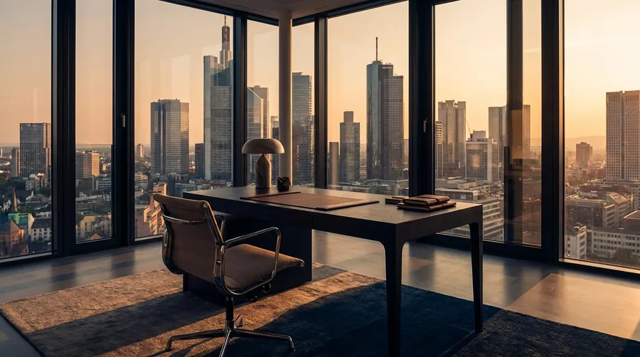 Arbeitsplatz mit Blick über das Frankfurter Bankenviertel