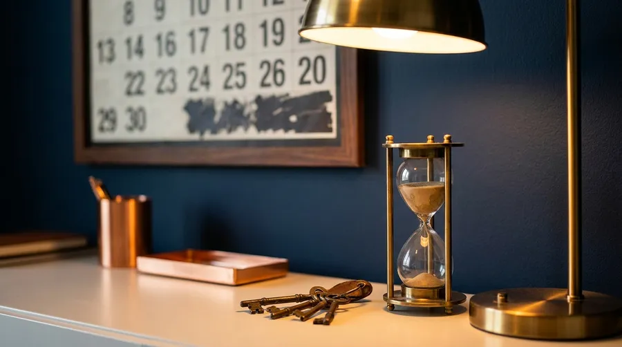 Sanduhr neben Wohnungsschlüsseln und Kalender auf dem Schreibtisch