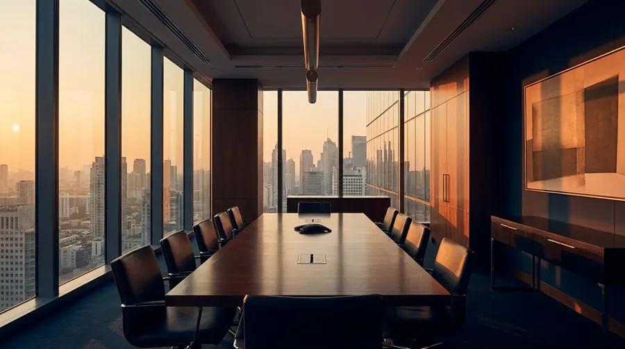 Moderner Konferenzraum mit Blick über die Skyline